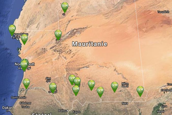 La BPM (Banque Populaire de Mauritanie) couvre un réseau de 34 agences réparties sur le territoire national. 